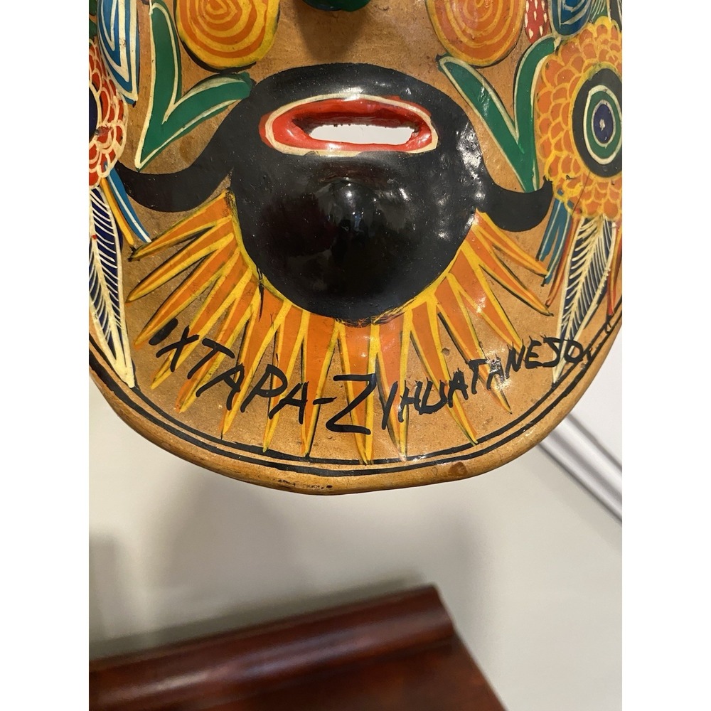 Vtg Mexican Clay Colorful Folk Art Mask Hand Painted 9"x7" Ixtapa-Zihuatanejo - Picture 4 of 5